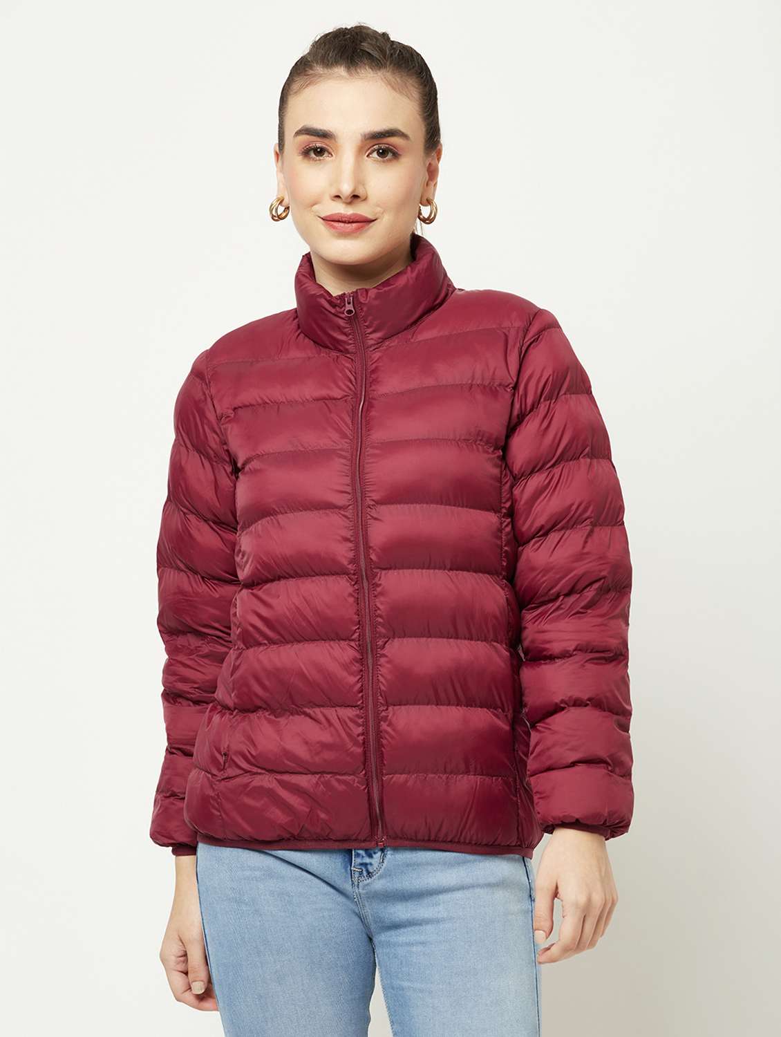 women solid long sleeve quilted jacket 