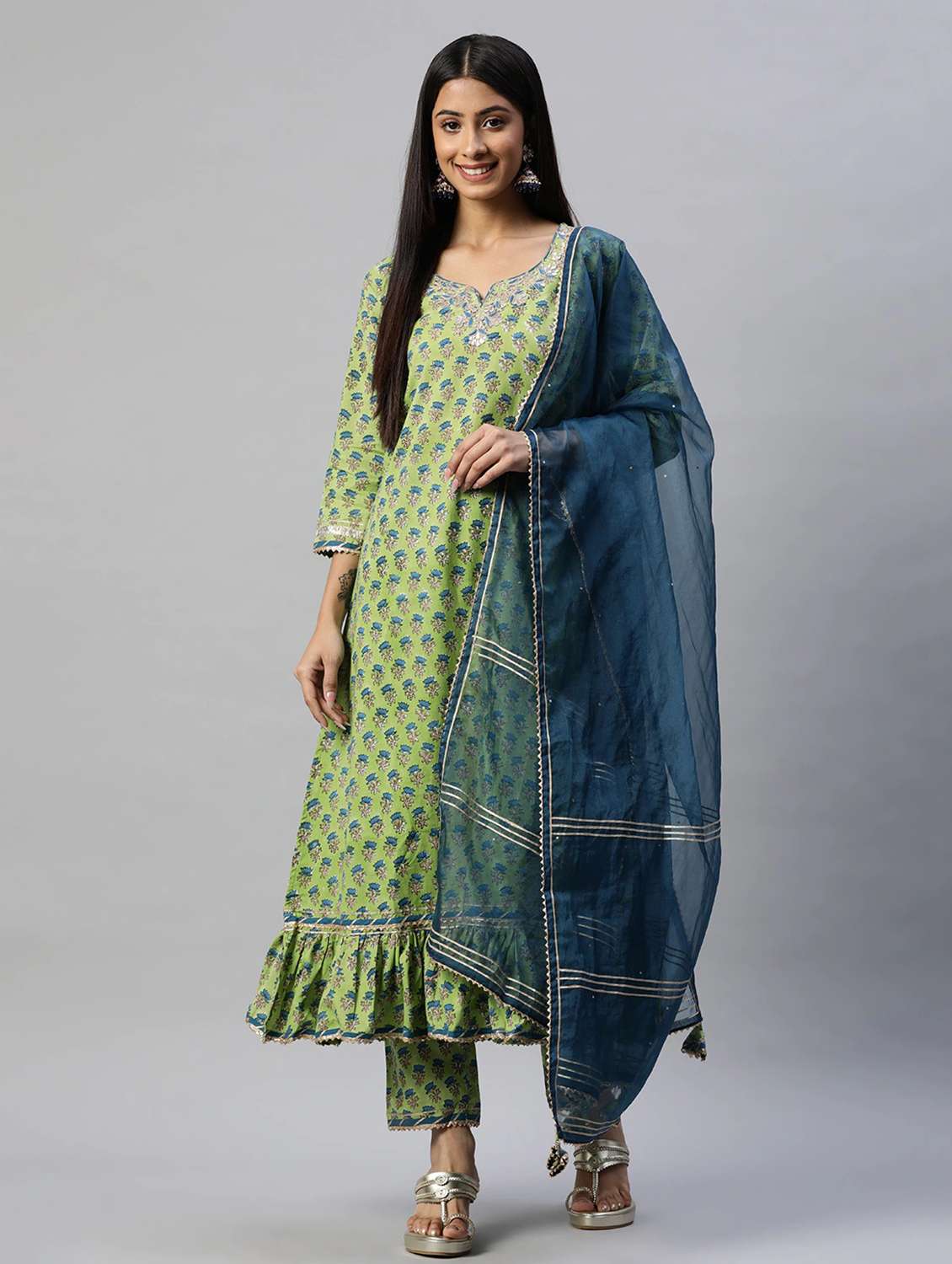 women three quarter sleeve kurta pant with dupatta set