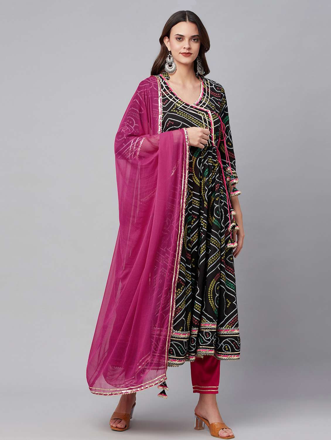 women three quarter sleeve anarkali kurta pant with dupatta set