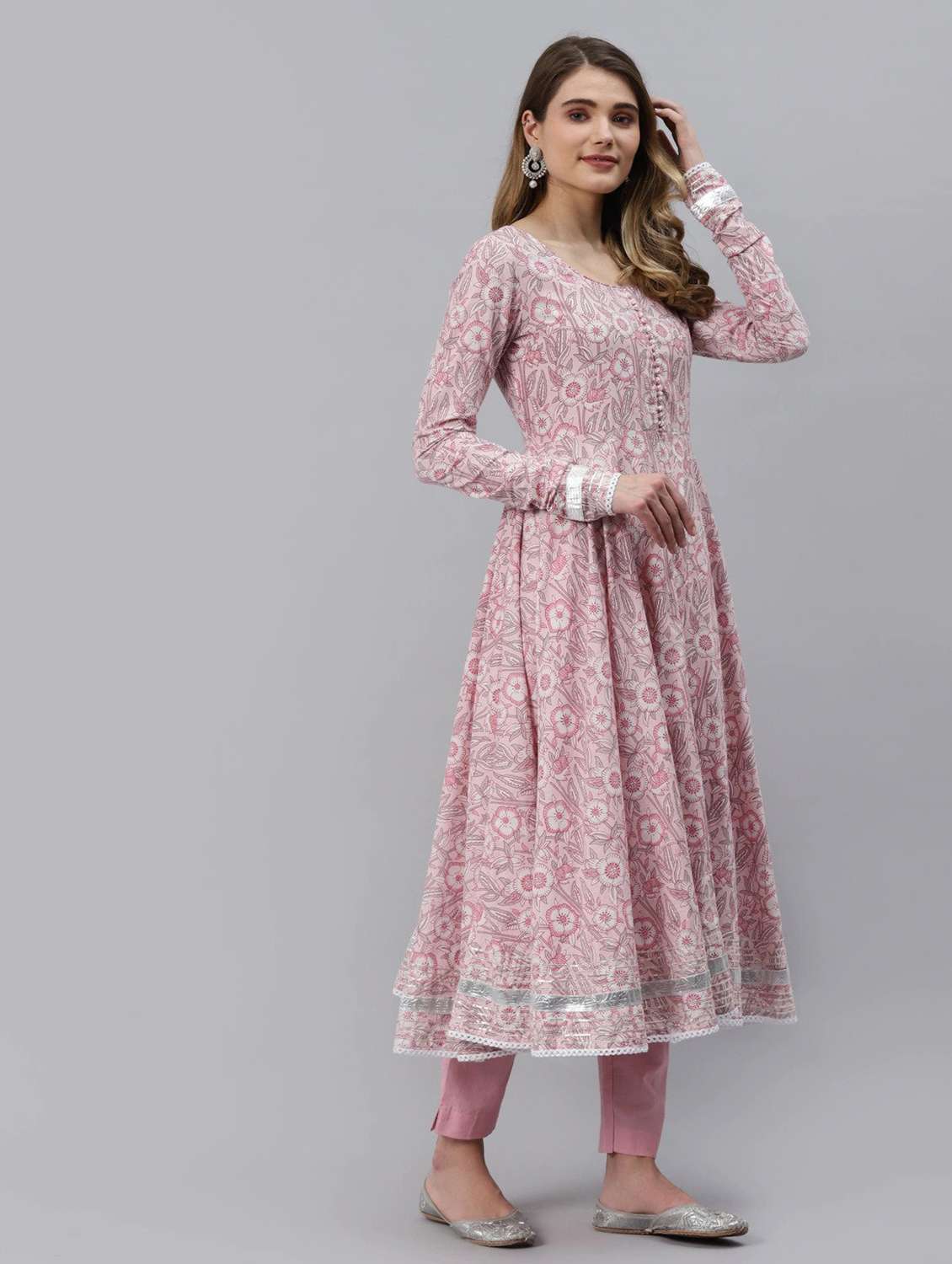 women pink long sleeve anarkali kurta pant with dupatta set - 18739082 -  Standard Image - 2