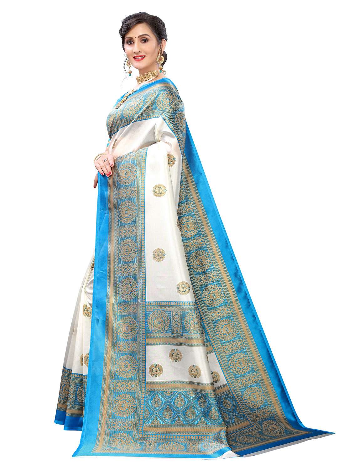 golden bordered printed saree with blouse - 18739404 -  Standard Image - 2