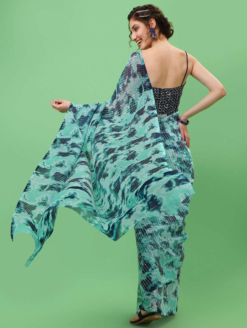 women's printed ai aqua colored saree with blouse - 18743543 - Standard Image - 2