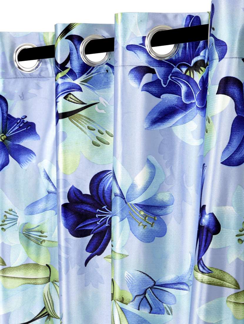 Pack Of 2 Blue Floral Printed With Eyelet Curtains
