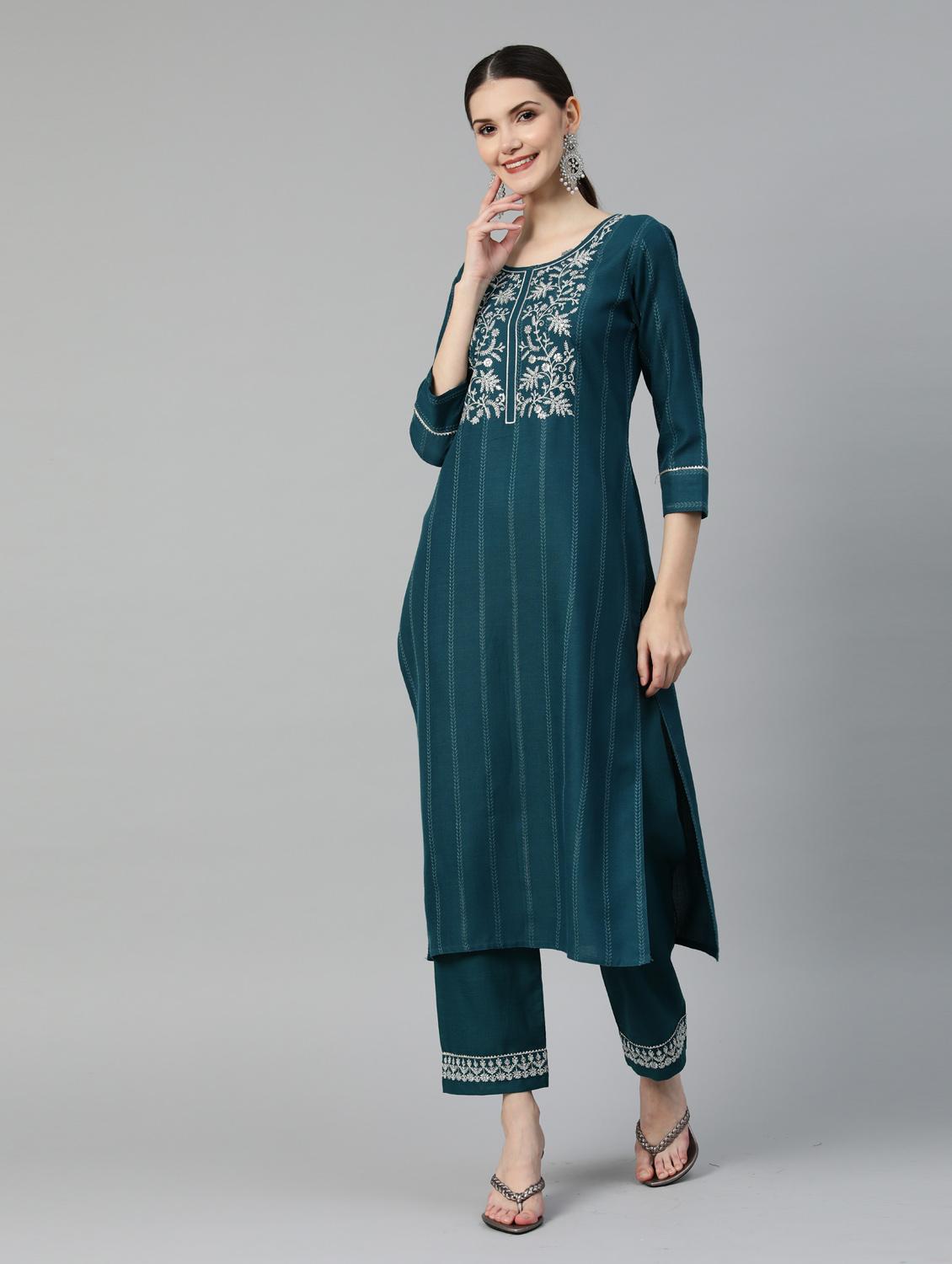 teal cotton kurta pant set - 18743698 - Zoom Image - 0