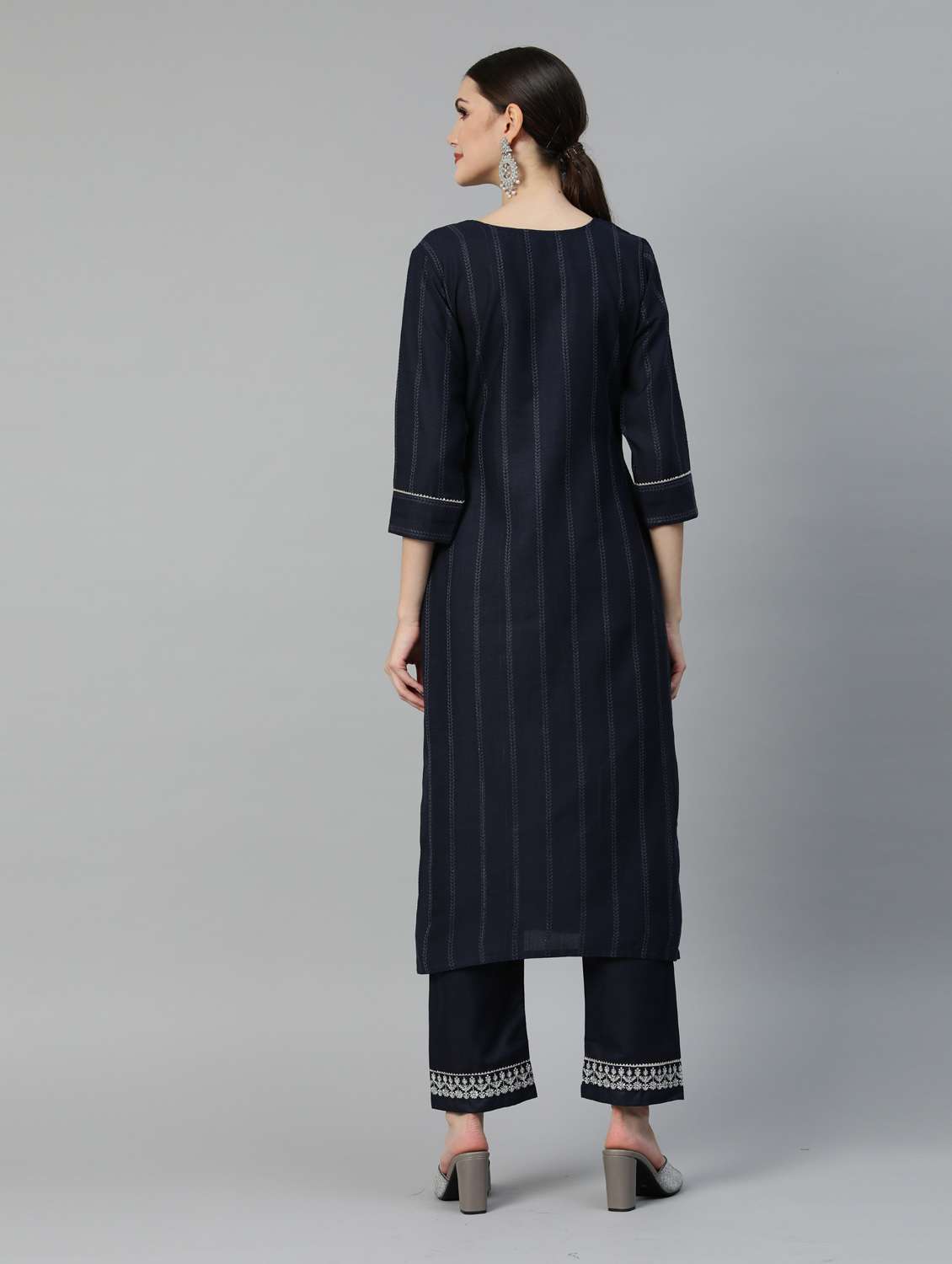 women navy blue self design kurta pant set - 18743700 - Standard Image - 2