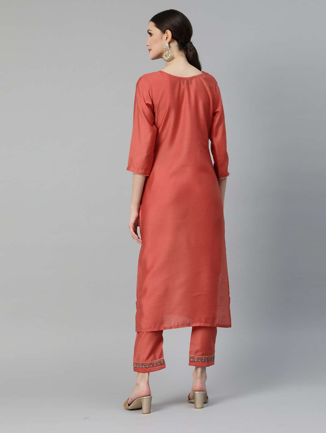 women peach round neck kurta pant set - 18743713 - Standard Image - 2