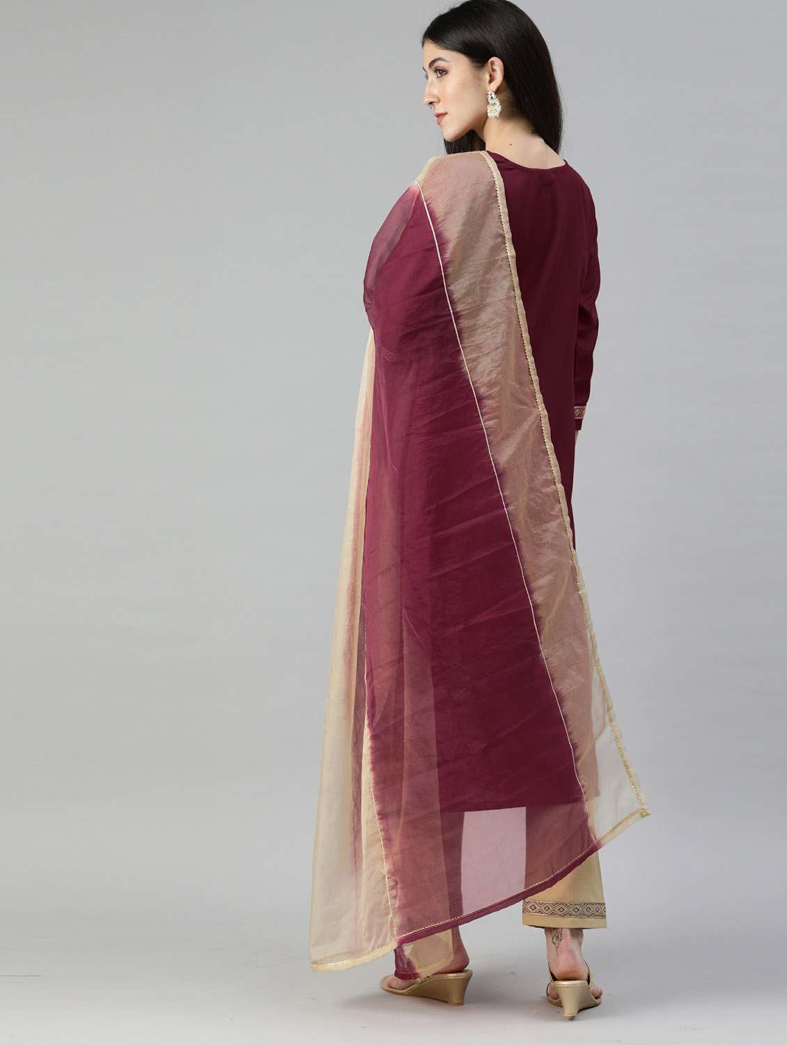 burgundy kurta pant set with dupatta - 18743813 - Standard Image - 2