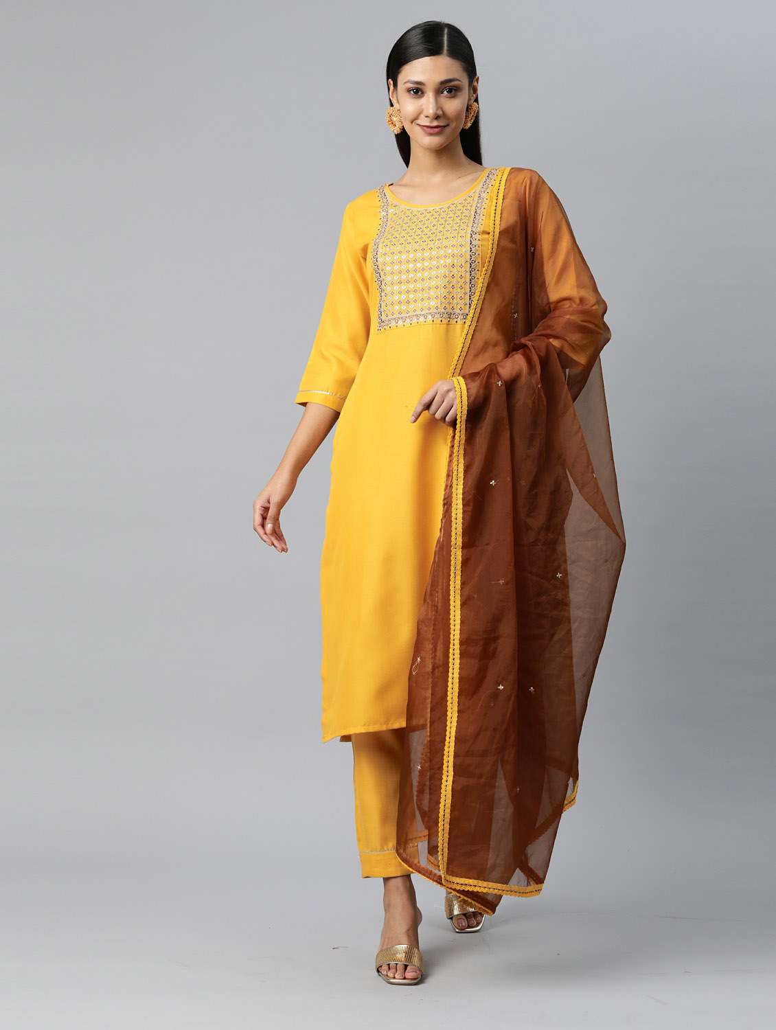 women yellow embroidered kurta pant set with dupatta set