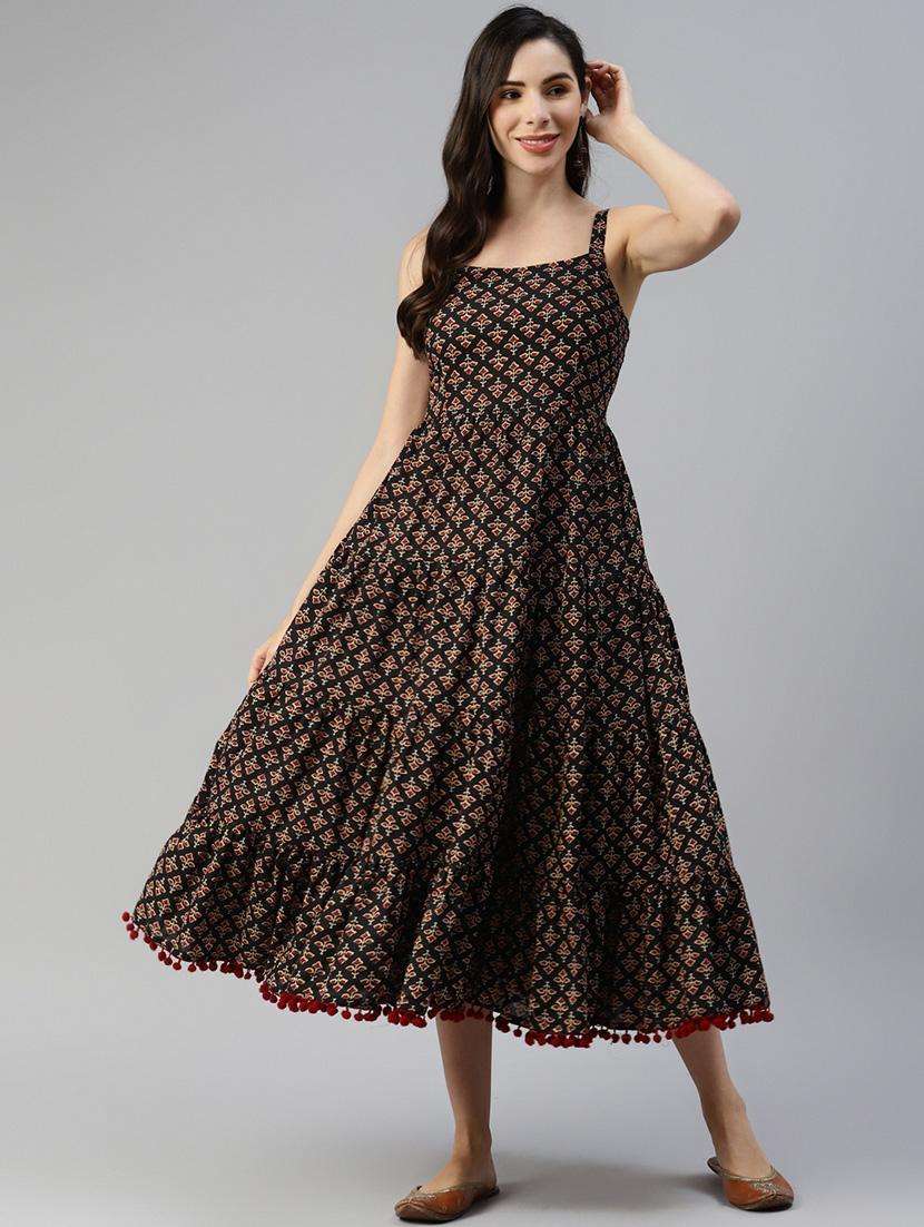 black printed tiered ethnic dress