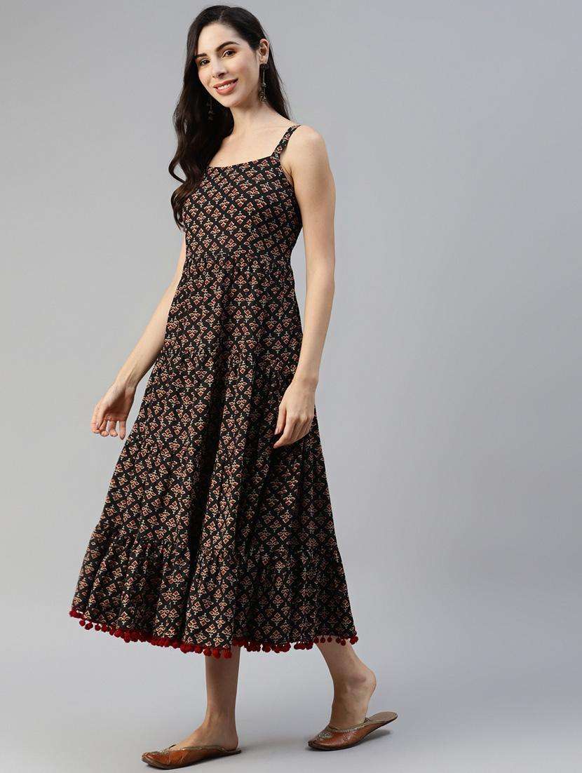 black printed tiered ethnic dress - 18750813 -  Standard Image - 2