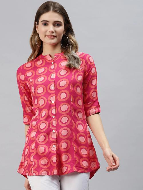 pink printed mandarin neck a line tunic - 18754191 - Standard Image - 0