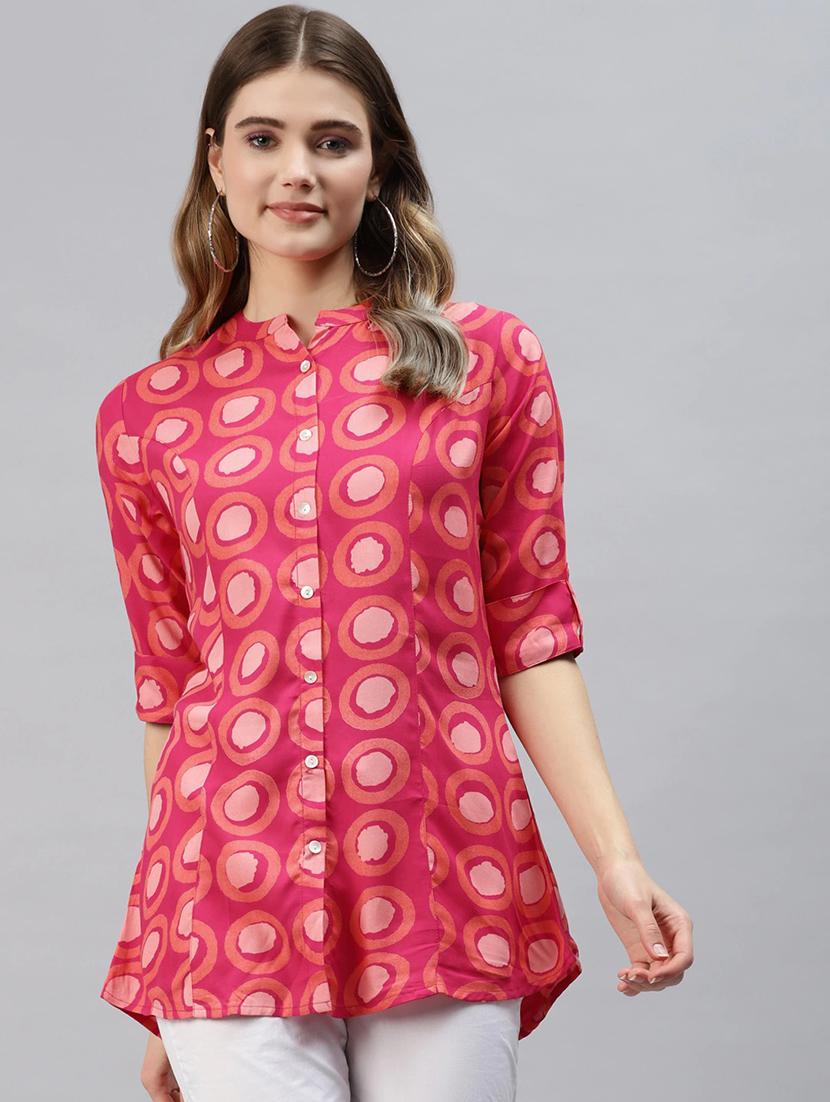 pink printed mandarin neck a line tunic - 18754191 - Zoom Image - 0