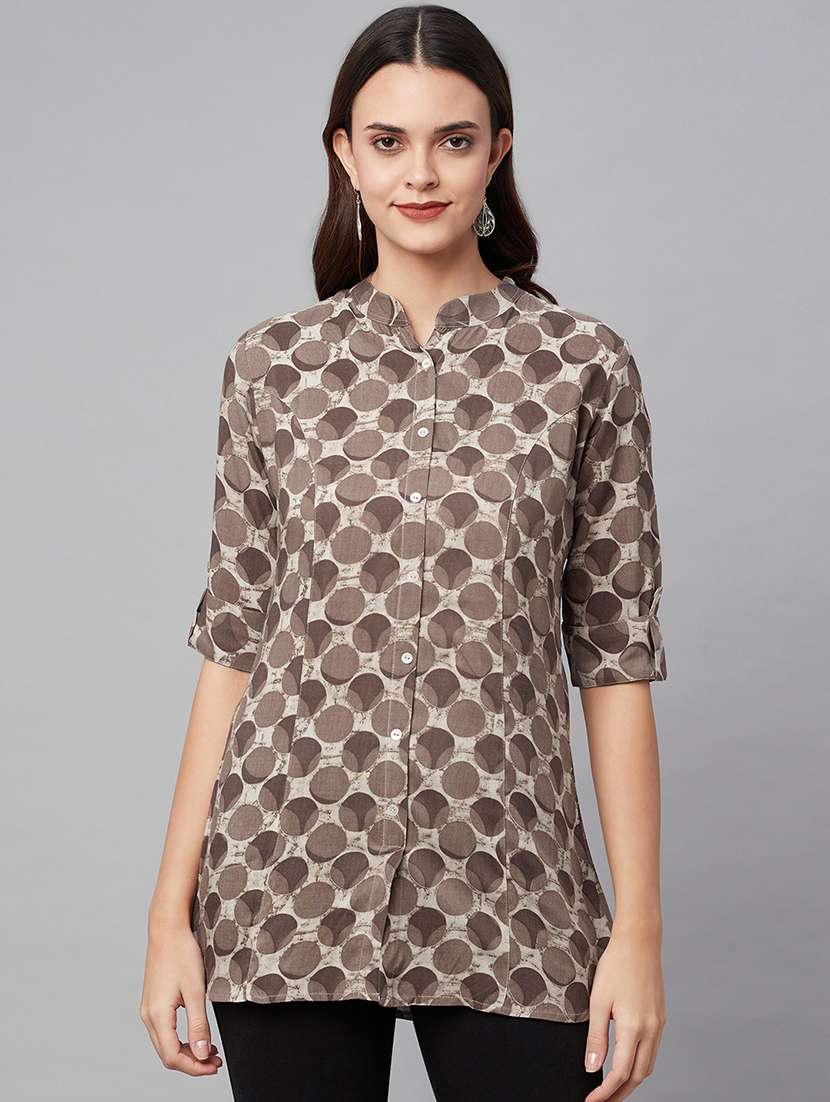 brown mandarin neck printed tunic