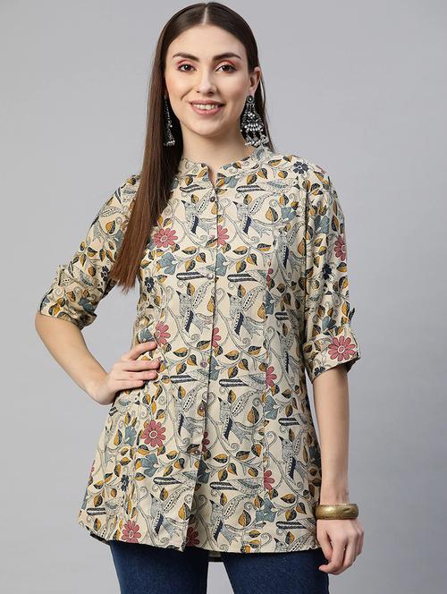 beige mandarin neck flora printed a-line tunic - 18754200 -  Standard Image - 0