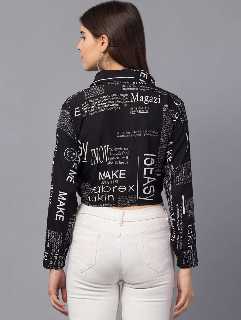 tie front news paper print crop top - 18757272 - Standard Image - 2