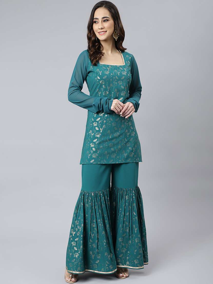 teal crepe kurta sharara  set