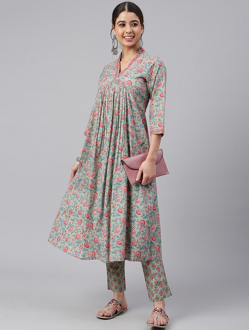 women floral v neck kurta pant set