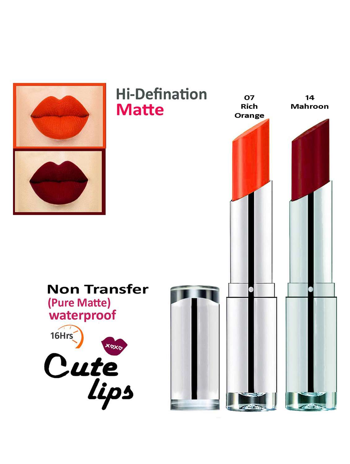 b.berry cute lips non transfer matte lipstick 2.4 gm each - 07 rich orange 14 mahroon