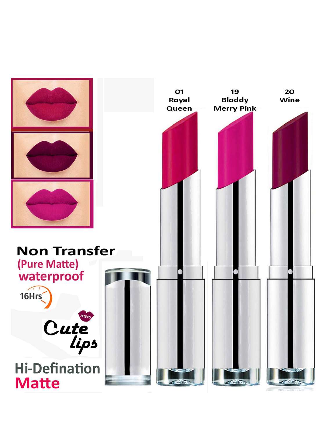 b. berry non transfer long lasting matte lipstick 2.4 gm each (combo # 01 royal queen, 19 bloody merry pink, 20 wine)