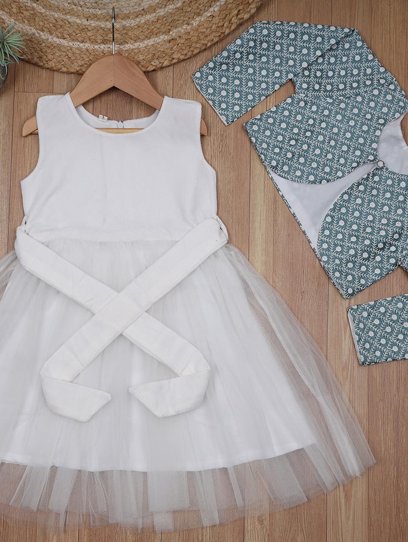 girl white solid rounnd neck frock with jacket - 18788746 - Standard Image - 2