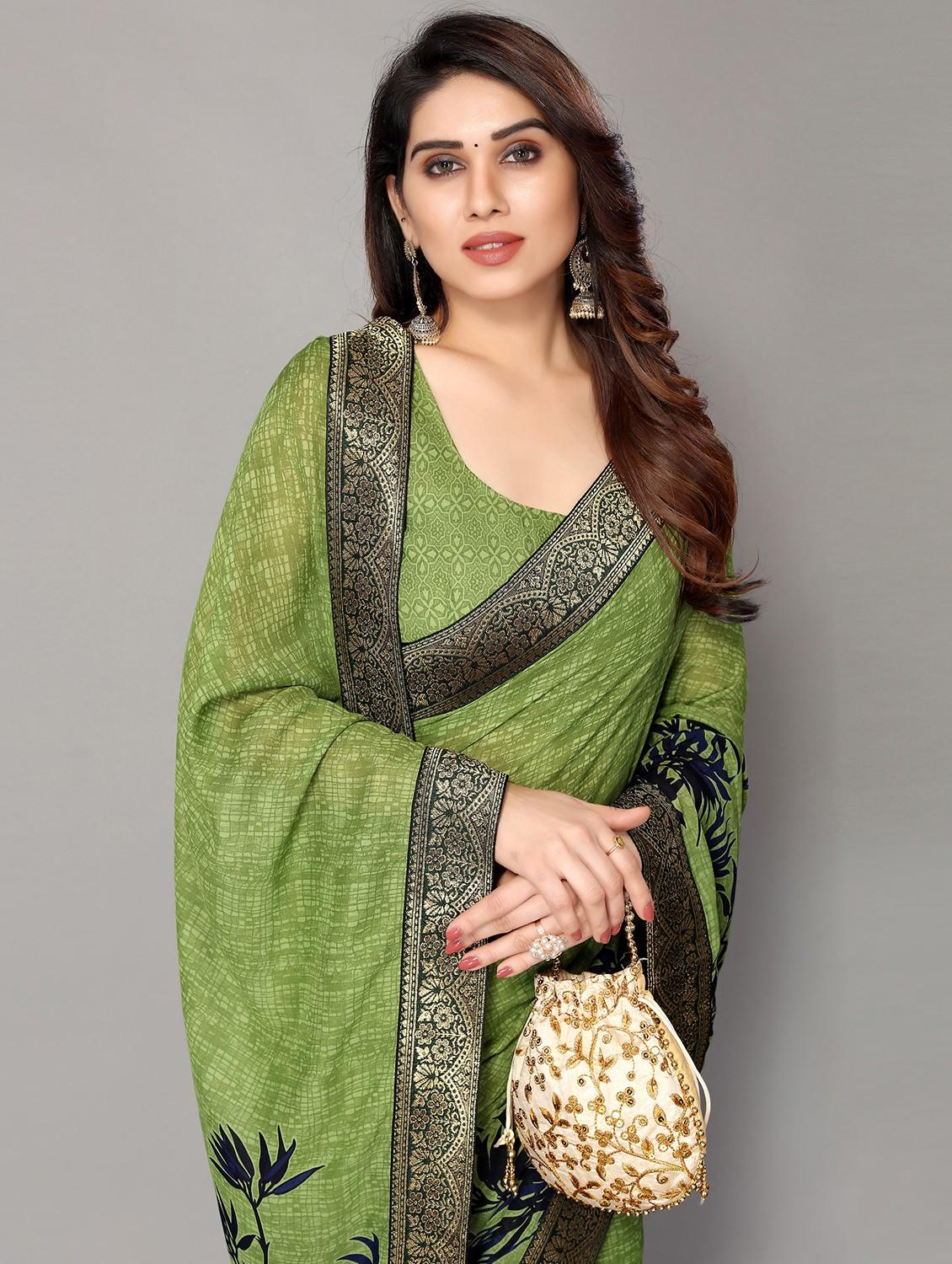 green georgette printed saree with blouse - 18790250 - Standard Image - 2