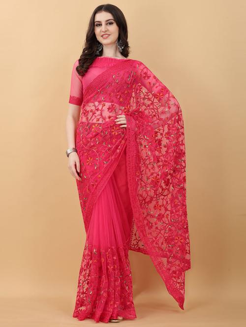 pink floral embroidered saree with blouse - 18790299 -  Standard Image - 0
