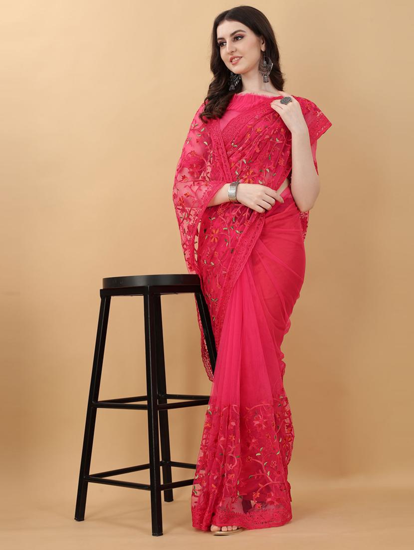 pink floral embroidered saree with blouse - 18790299 - Standard Image - 2