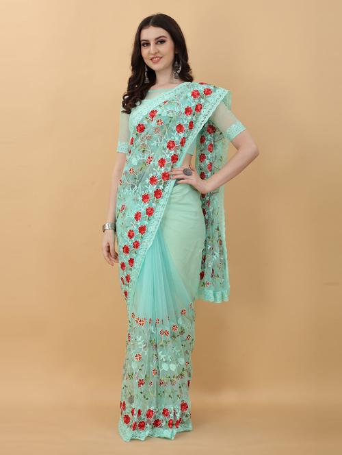 light blue floral embroidered saree with blouse - 18790300 -  Standard Image - 0