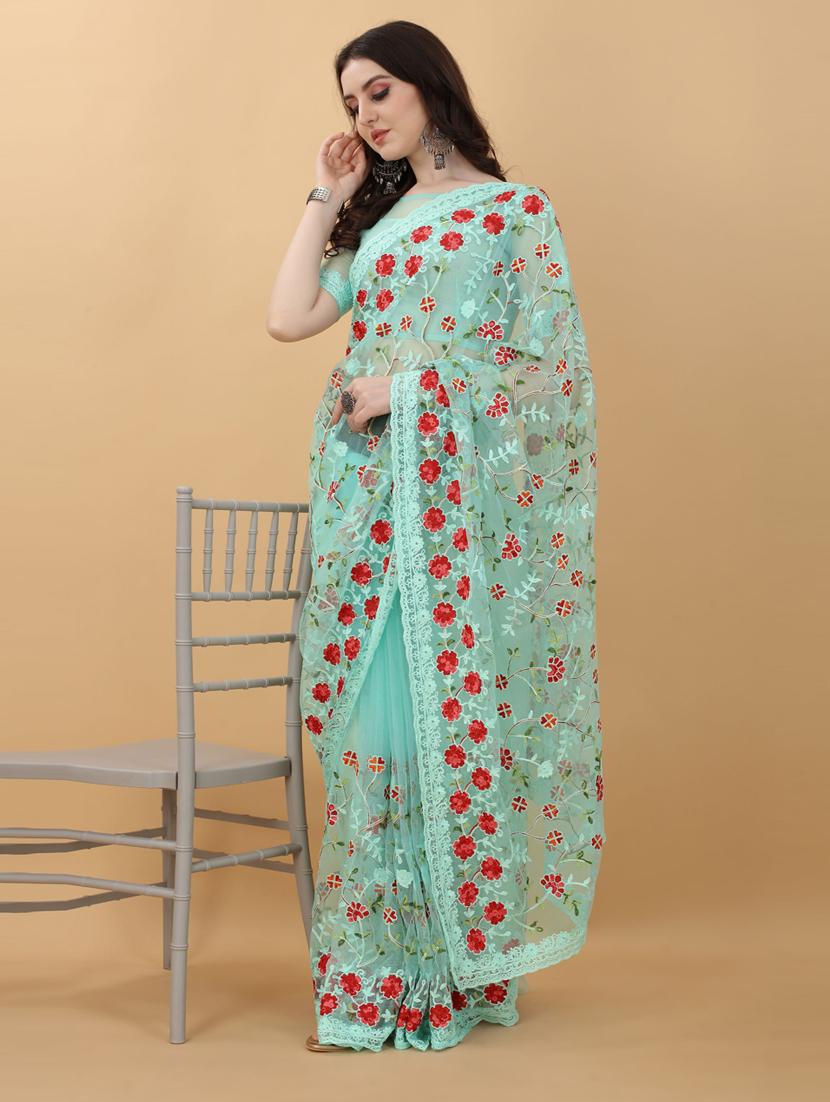 light blue floral embroidered saree with blouse - 18790300 - Standard Image - 2