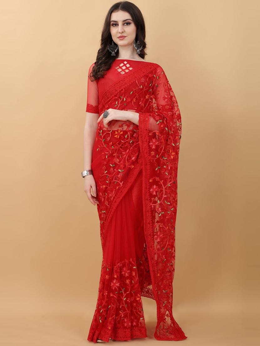 red floral embroidered saree with blouse - 18790301 -  Zoom Image - 0