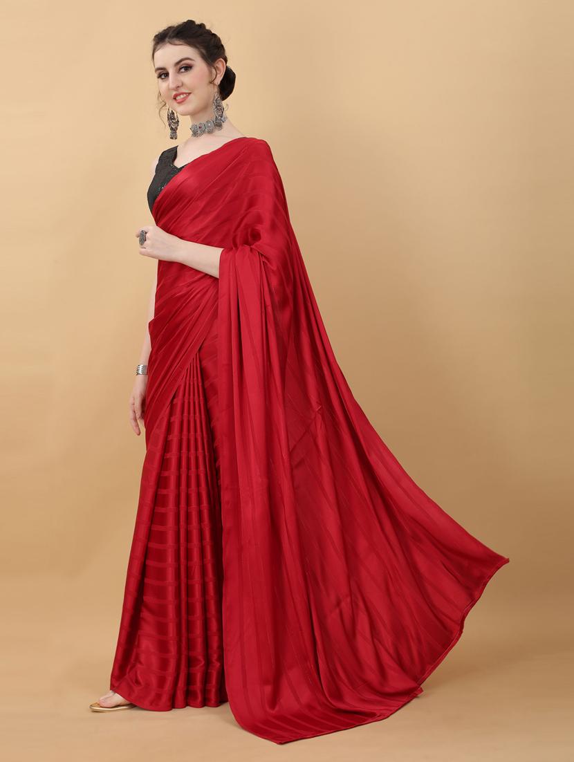red satin plain saree with blouse - 18790305 - Standard Image - 2