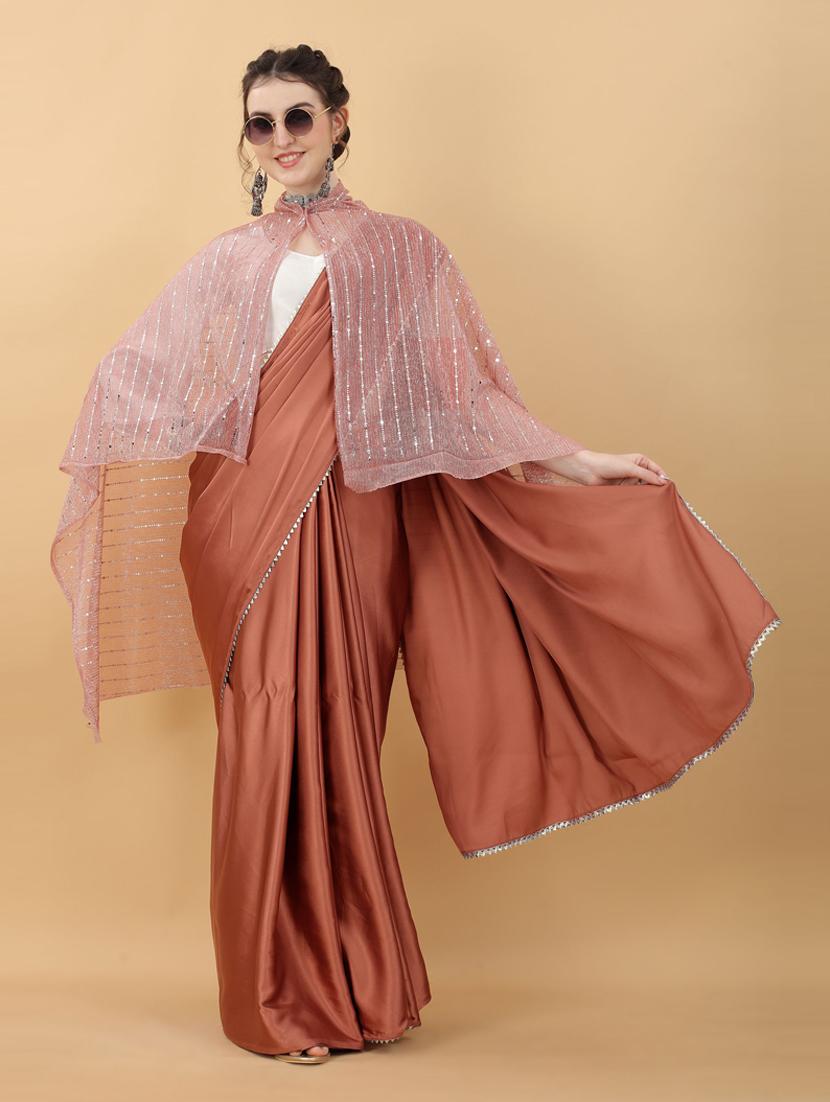 brown plain saree with koti with blouse - 18790316 - Standard Image - 2
