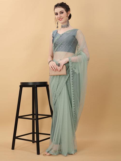 green lace bordered net saree with blouse - 18790317 -  Standard Image - 0