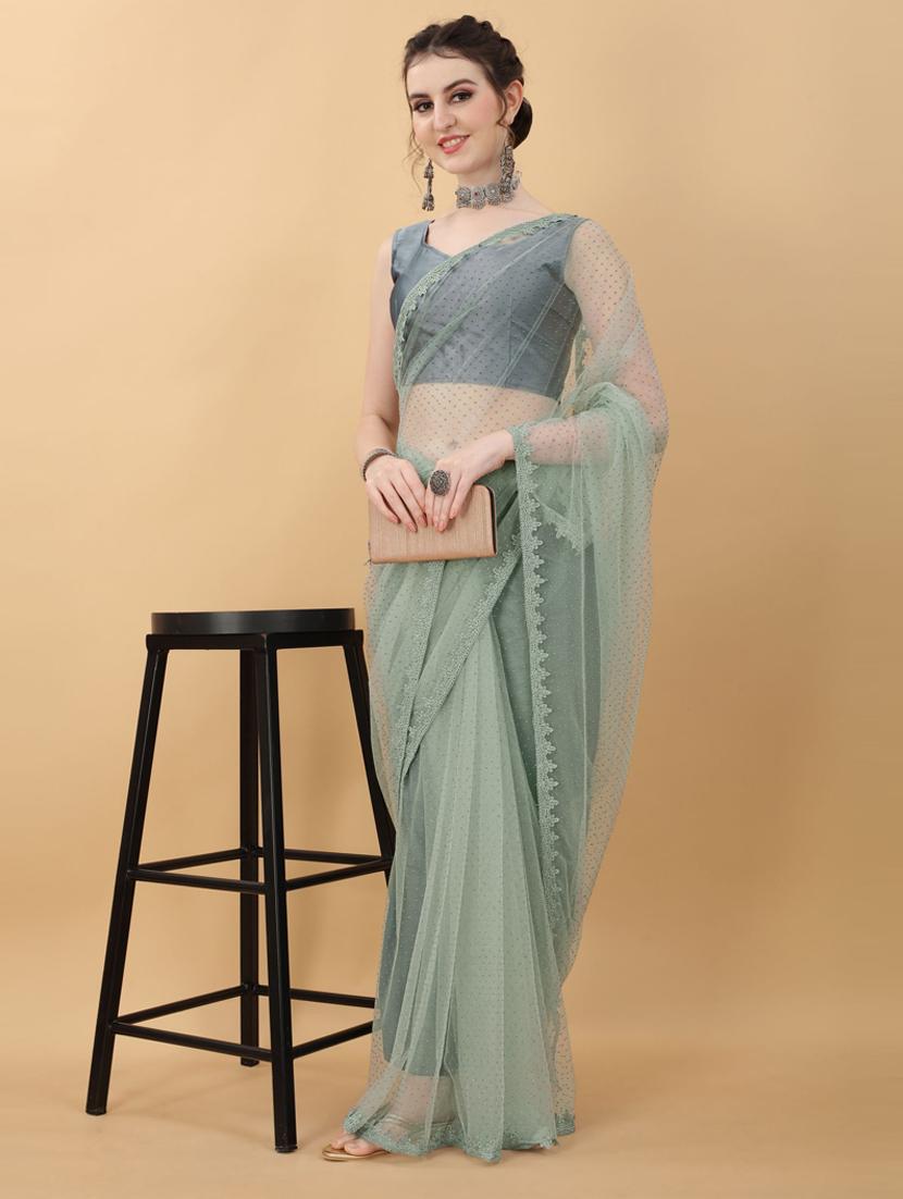 green lace bordered net saree with blouse - 18790317 -  Zoom Image - 0