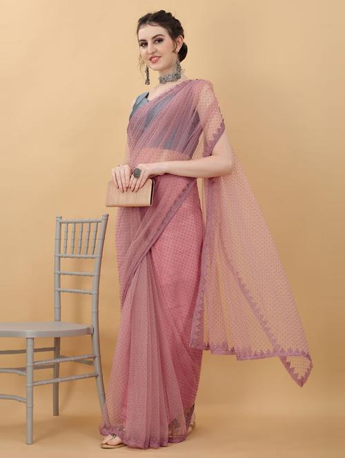 pink lace bordered net saree with blouse - 18790318 - Standard Image - 0