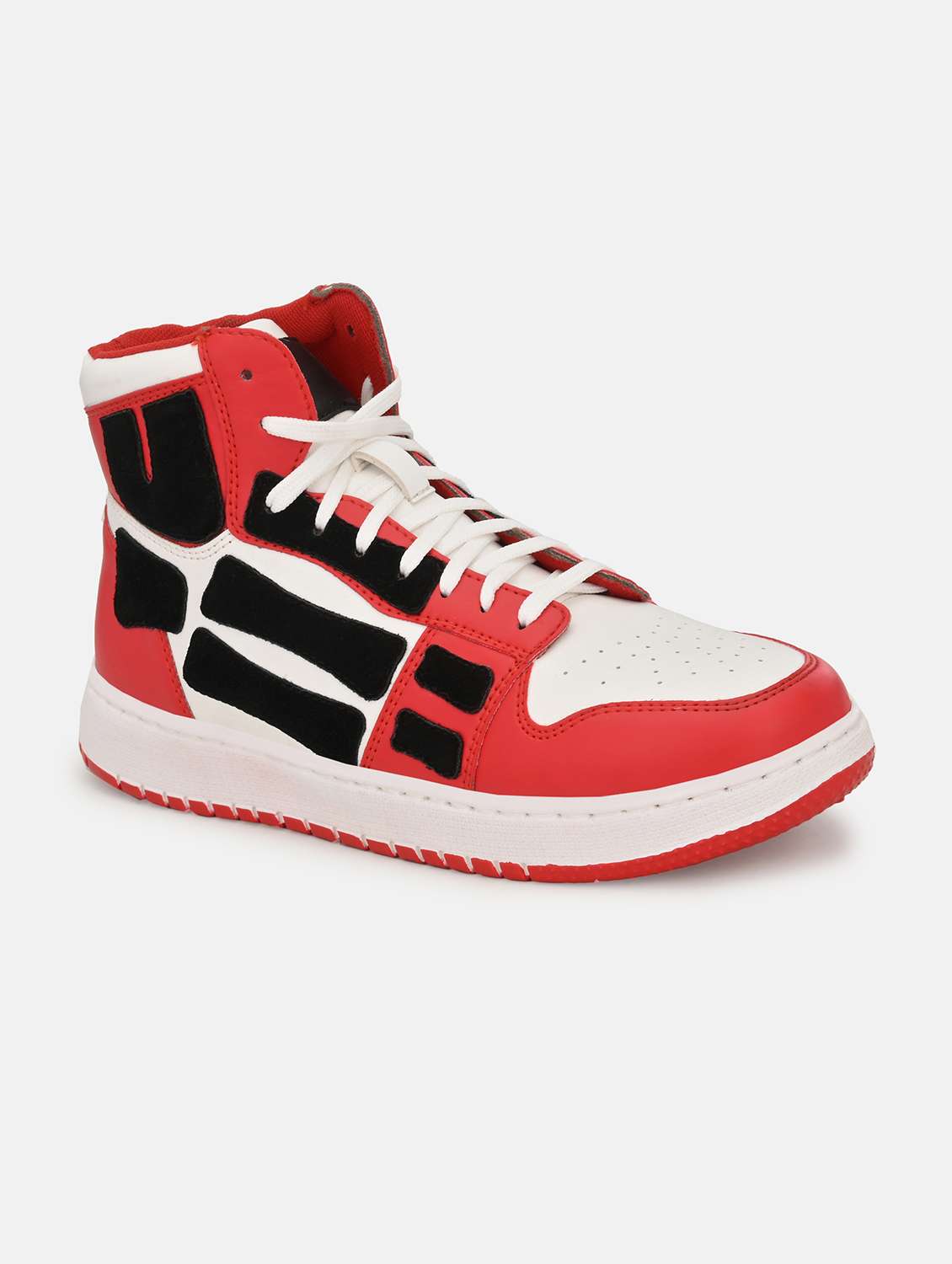 red synthetic lace up sneakers