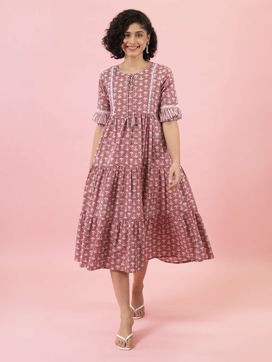 pink cotton tiered ethnic dress