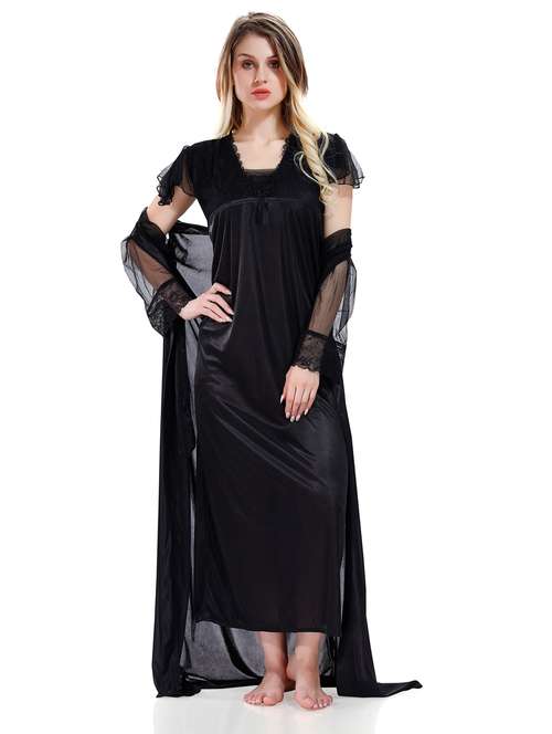 black solid sleepwear robe with nighty set  - 18801298 -  Standard Image - 0