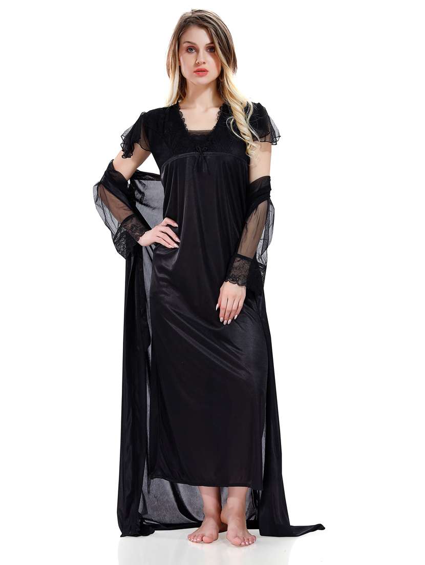 black solid sleepwear robe with nighty set  - 18801298 -  Zoom Image - 0