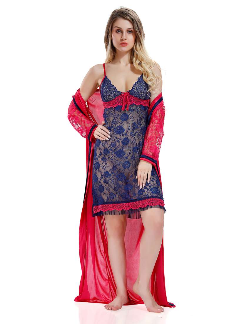 solid sleepwear robe with babydoll set - 18801302 - Zoom Image - 0