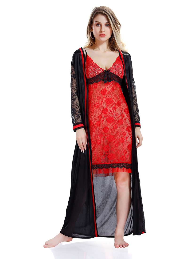 solid laced babydoll with sleepwear robe set 