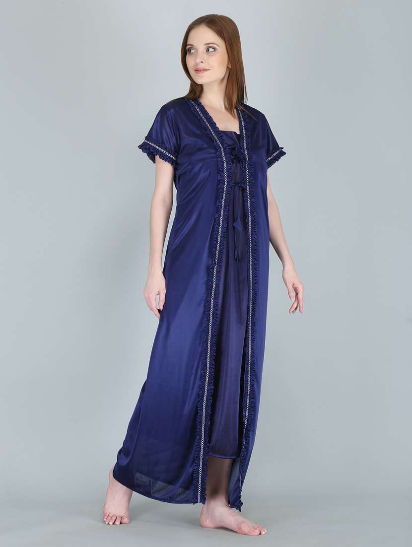 navy blue solid sleepwear robe with nighty set - 18801313 - Standard Image - 2
