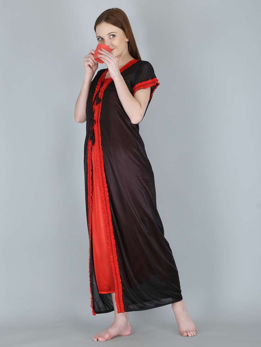 solid sleepwear robe with nighty set  - 18801315 -  Standard Image - 2