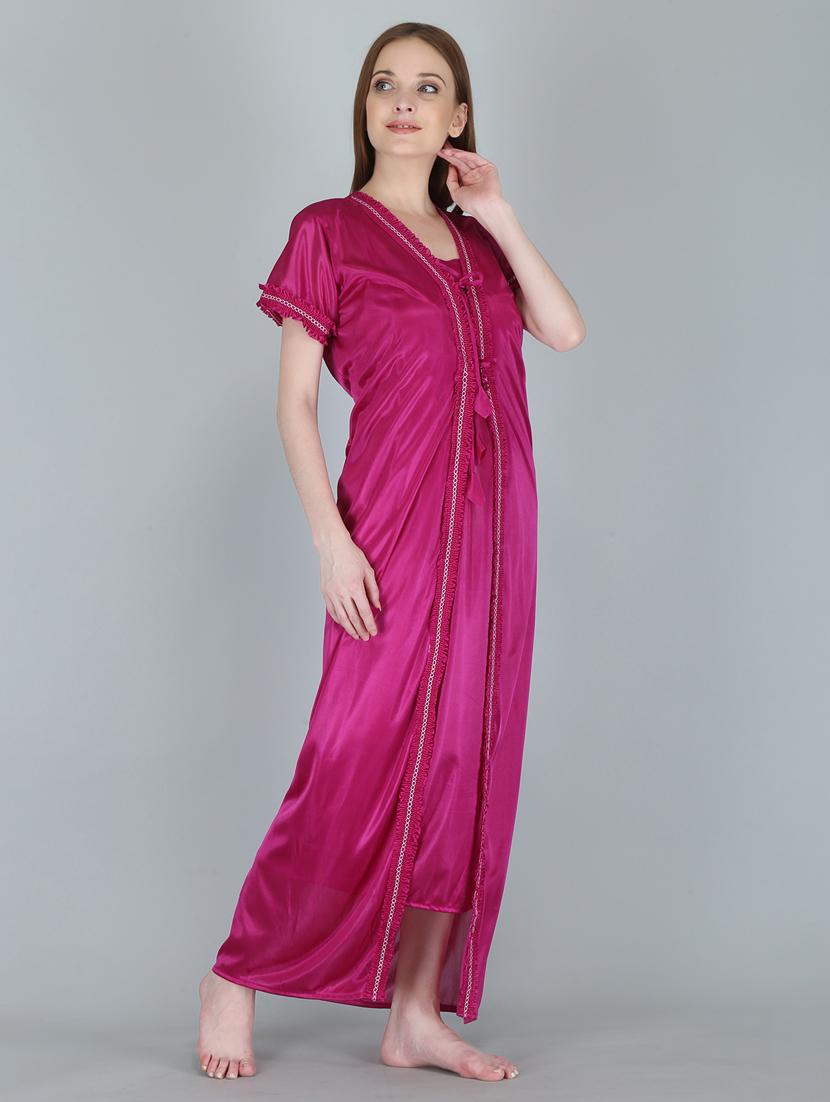 magenta solid sleepwear robe with nighty set - 18801318 - Standard Image - 2