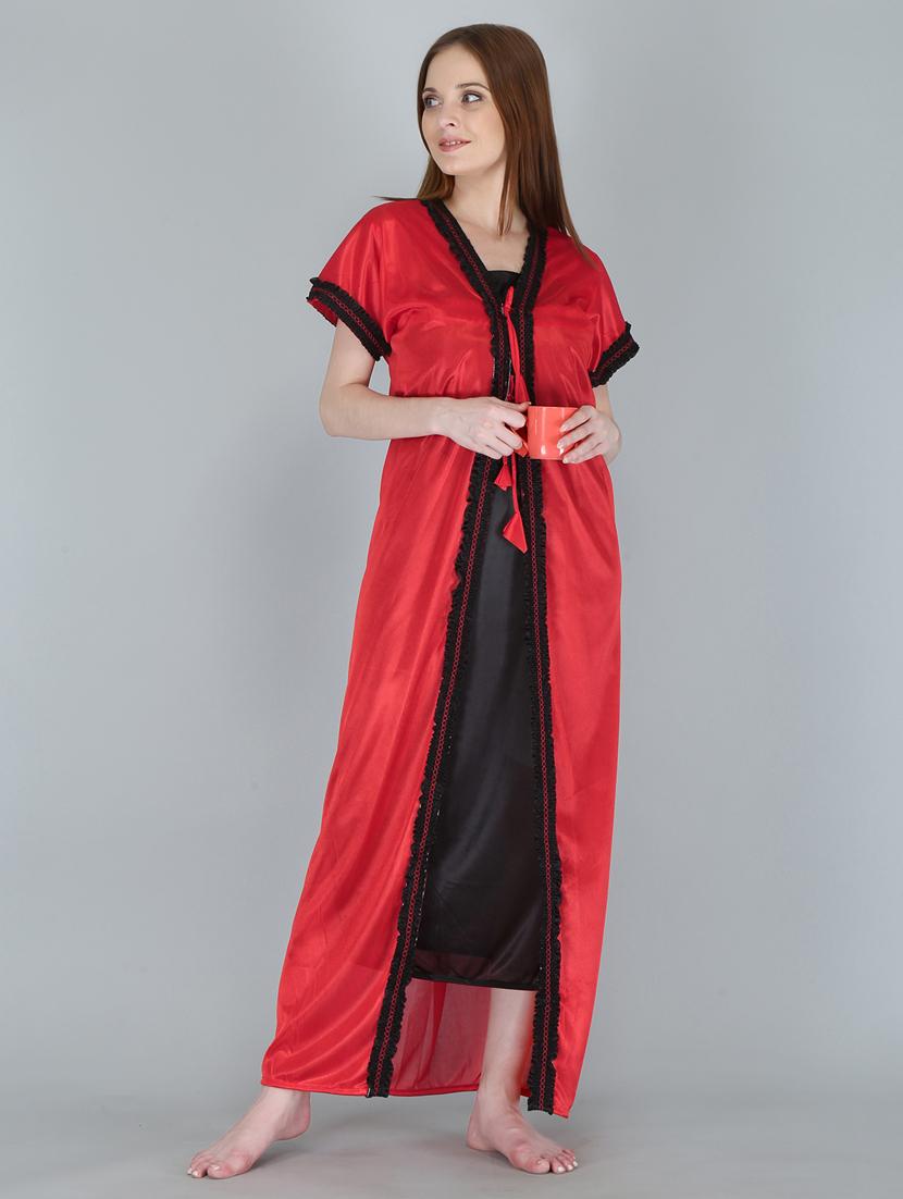 solid sleepwear robe with nighty set - 18801322 - Standard Image - 2