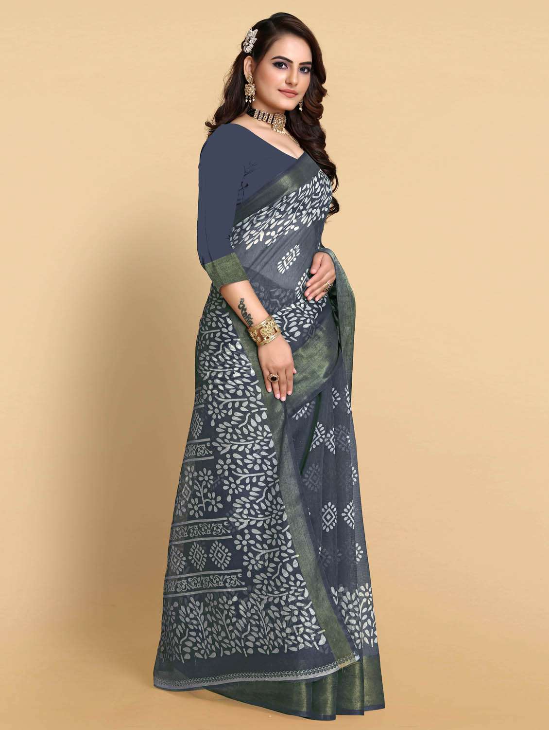 women's batik navy blue colored saree with blouse - 18801365 -  Standard Image - 2