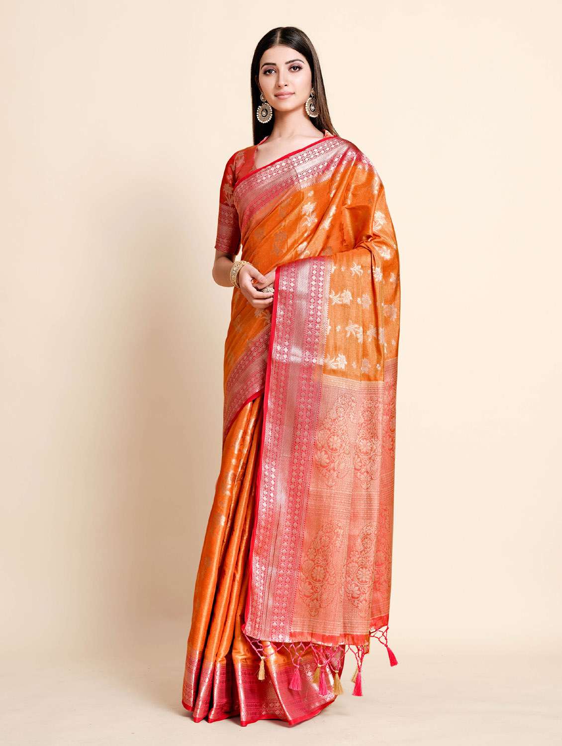 women's self design orange colored saree with blouse