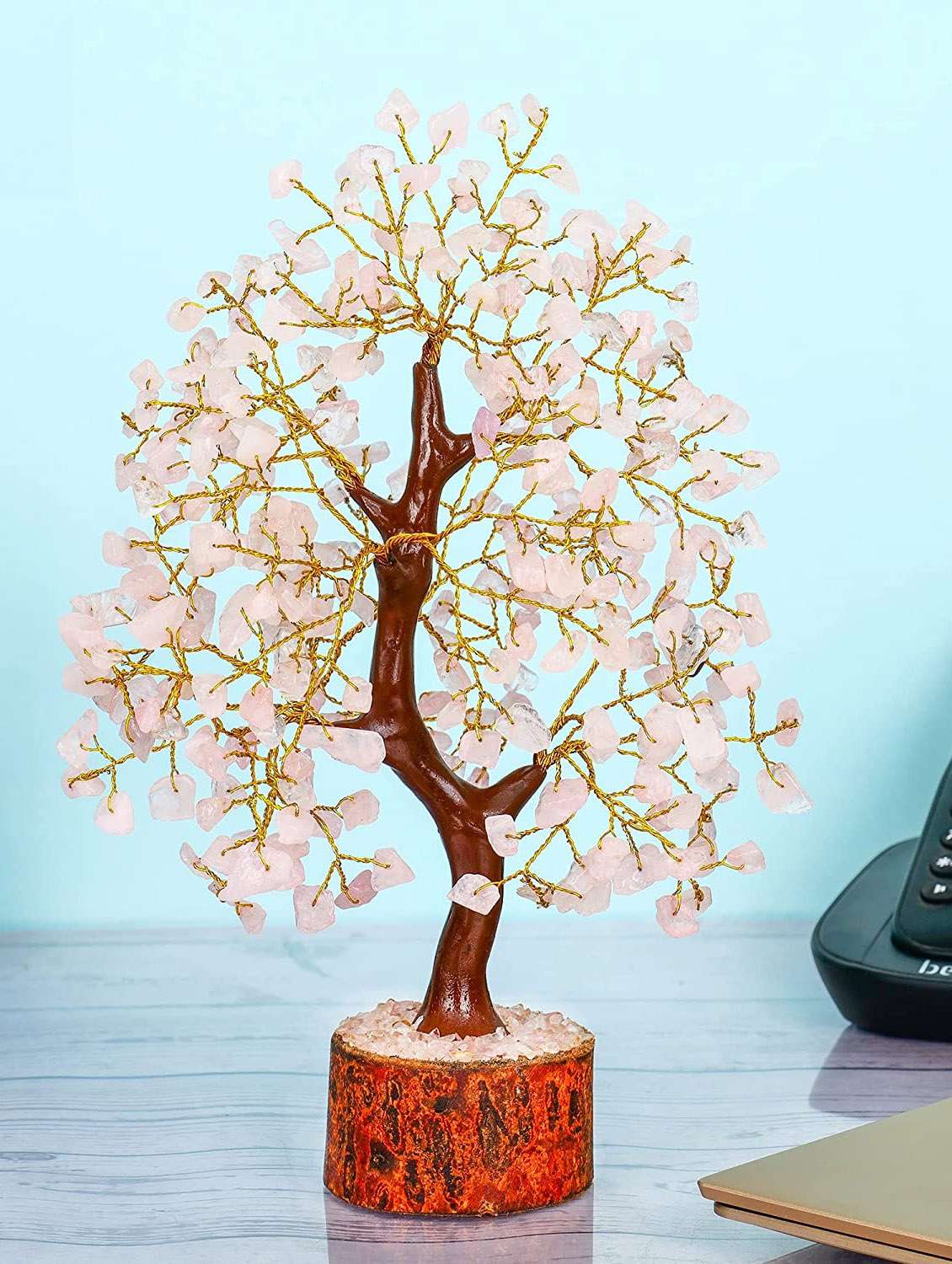 rose quartz stone vastu good fortune crystal tree wooden base for home/office décor for gift - 300 beads