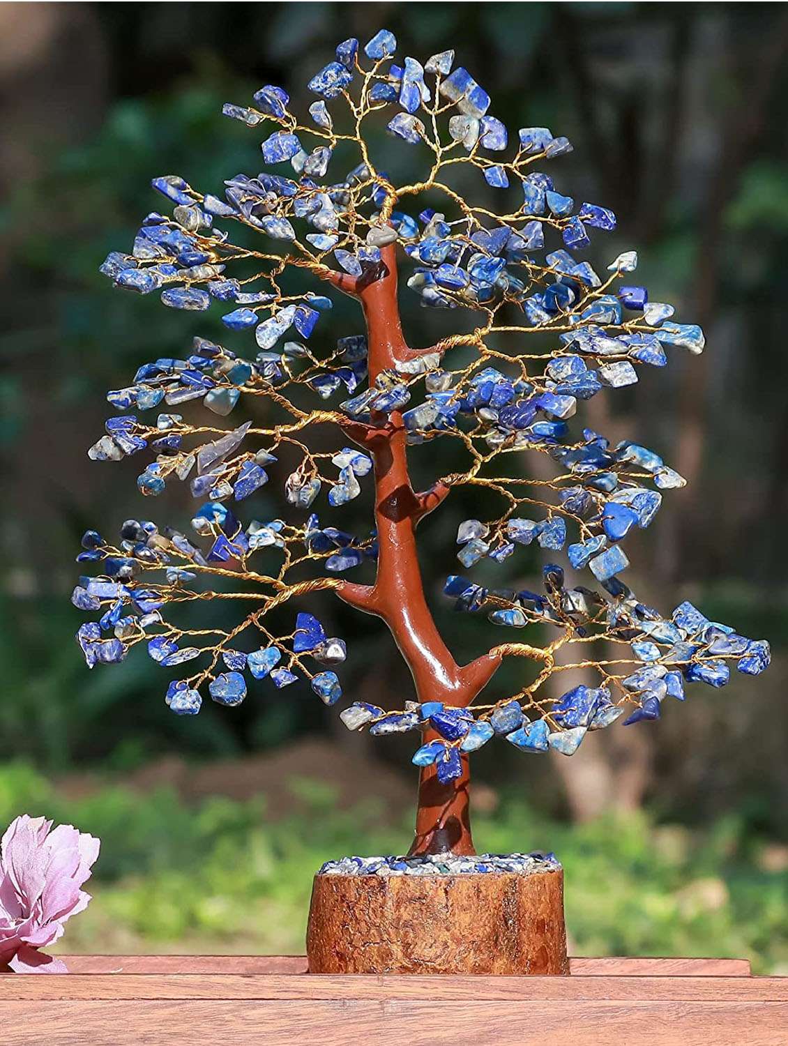 lapis lazuli stone vastu good fortune crystal tree wooden base for home/office décor for gift - 300 beads