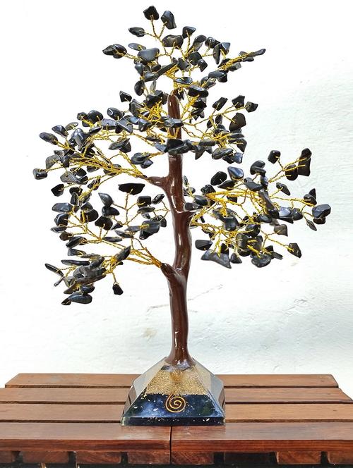 black tourmaline stone with pyramid base vastu good fortune crystal tree wooden base for home/office décor for gift - 300 beads - 18802212 -  Standard Image - 0